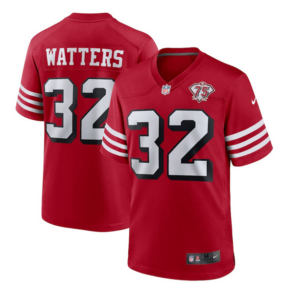 Men's San Francisco 49ers #32 Ricky Watters 2021 Red 75th Anniversary Stitched NFL Game Jersey